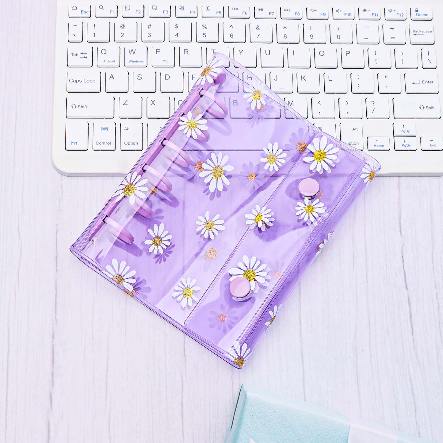 A7 Binder with Double Snap Button Cute Daisy PVC Binder Cover Loose Leaf 6 Ring Refillable Notebook Cover