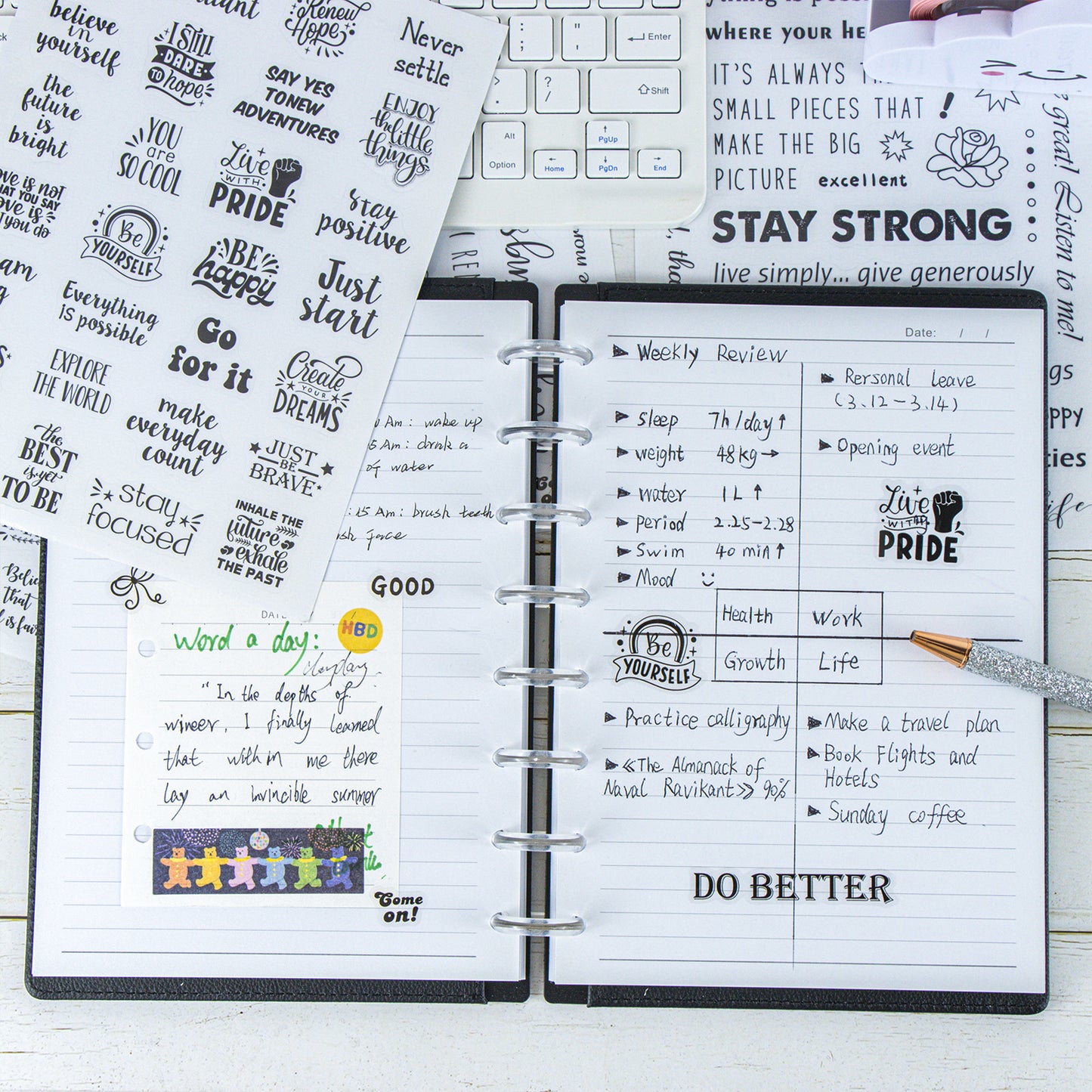 XiowDow 105pcs Transparent Inspirational Word Stickers Different Motivational Saying Sticker 4 Sheets Positive Quote Stickers Scrapbooks Journaling Water Bottles Reward Encouraging