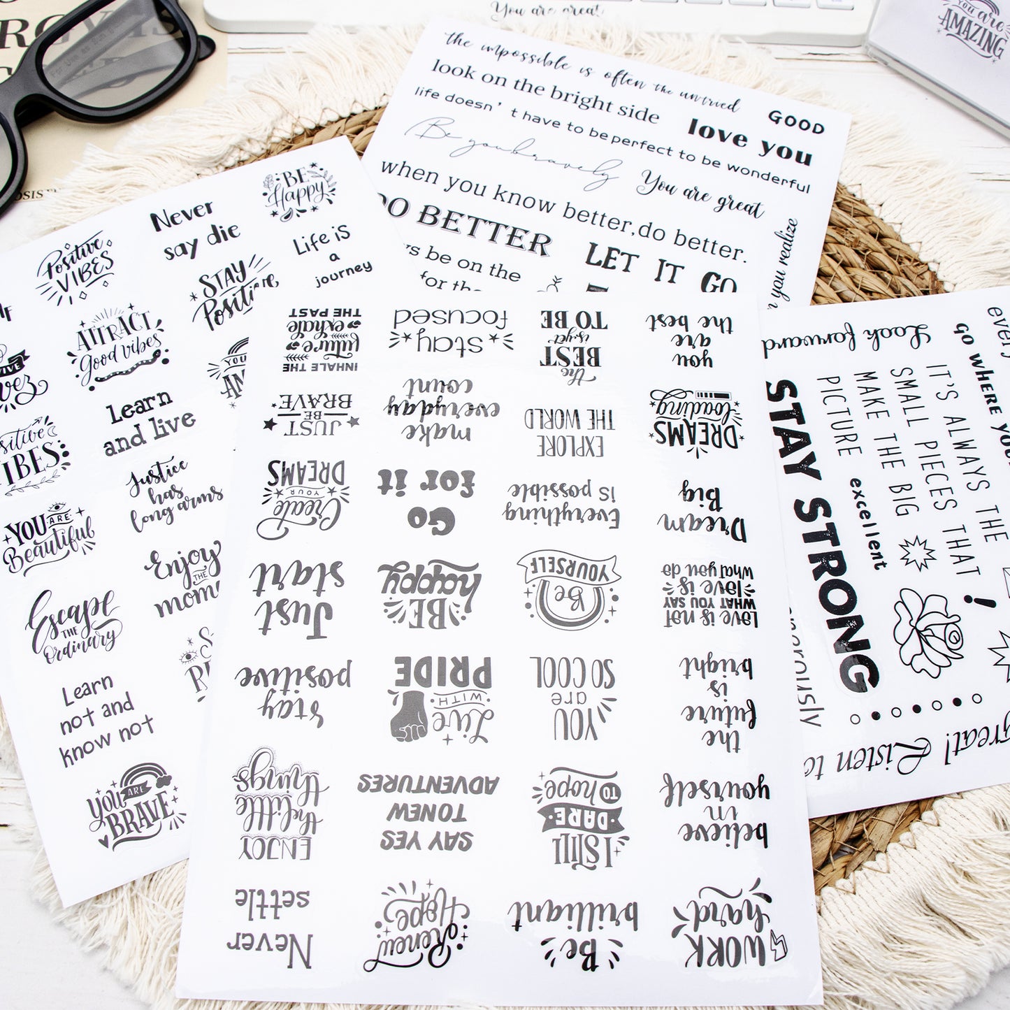 XiowDow 105pcs Transparent Inspirational Word Stickers Different Motivational Saying Sticker 4 Sheets Positive Quote Stickers Scrapbooks Journaling Water Bottles Reward Encouraging