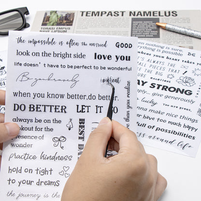 XiowDow 105pcs Transparent Inspirational Word Stickers Different Motivational Saying Sticker 4 Sheets Positive Quote Stickers Scrapbooks Journaling Water Bottles Reward Encouraging