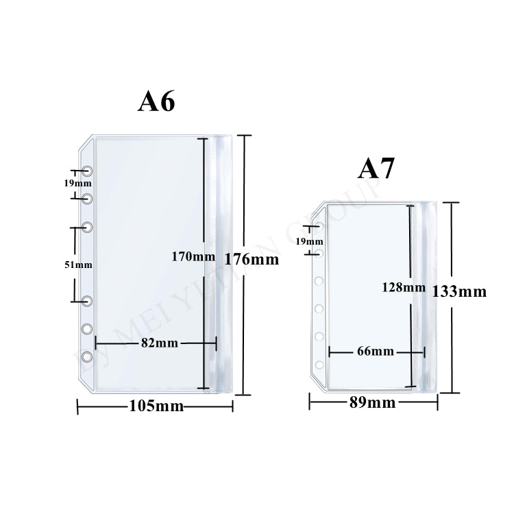 12pcs/pack A5 A6 A7 Clear PVC Zipper Pouch Outside Loading Pocket No Zipper Head Loose Leaf Binder Pocket Cash Money Envelope Organizer Bag