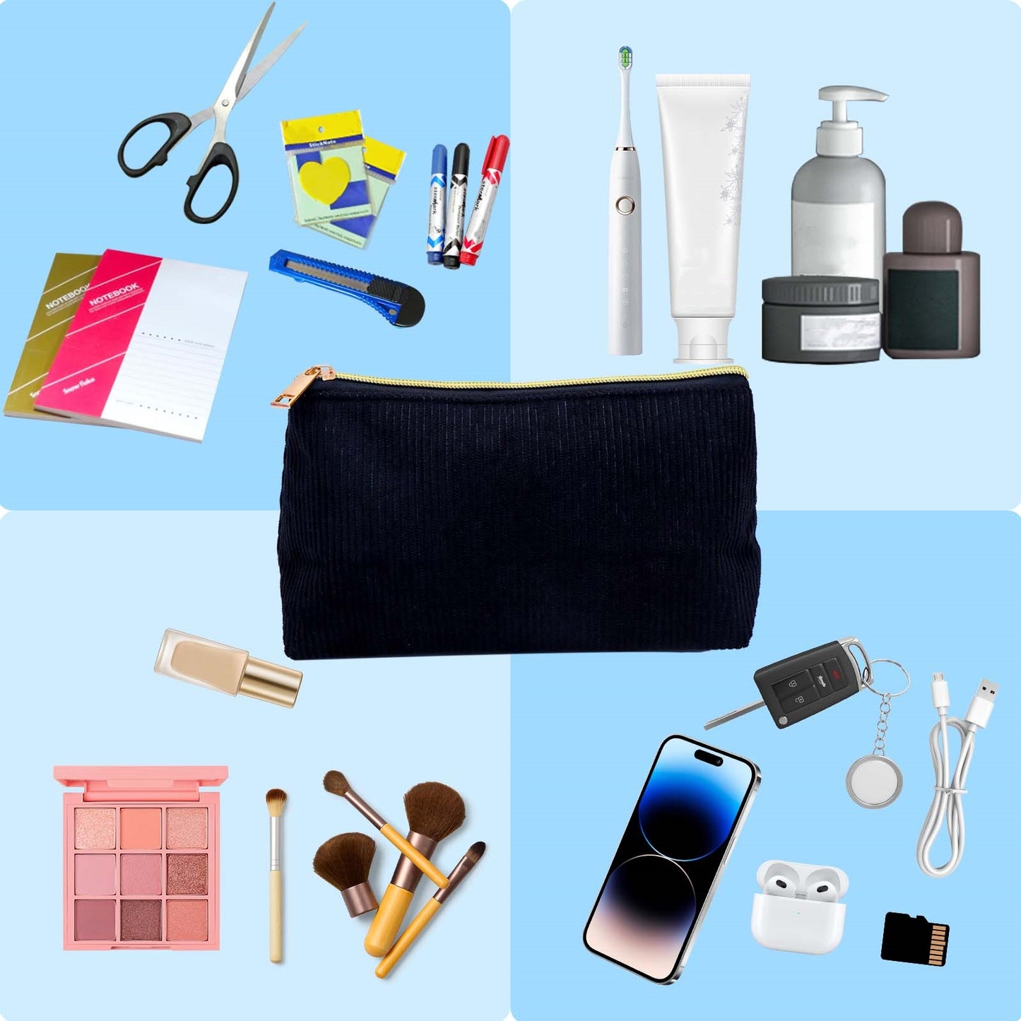 Corduroy Makeup Bag Solid Cosmetic Bag Brushes Organizer Travel Toiletry Zipper Pouch Storage Bag