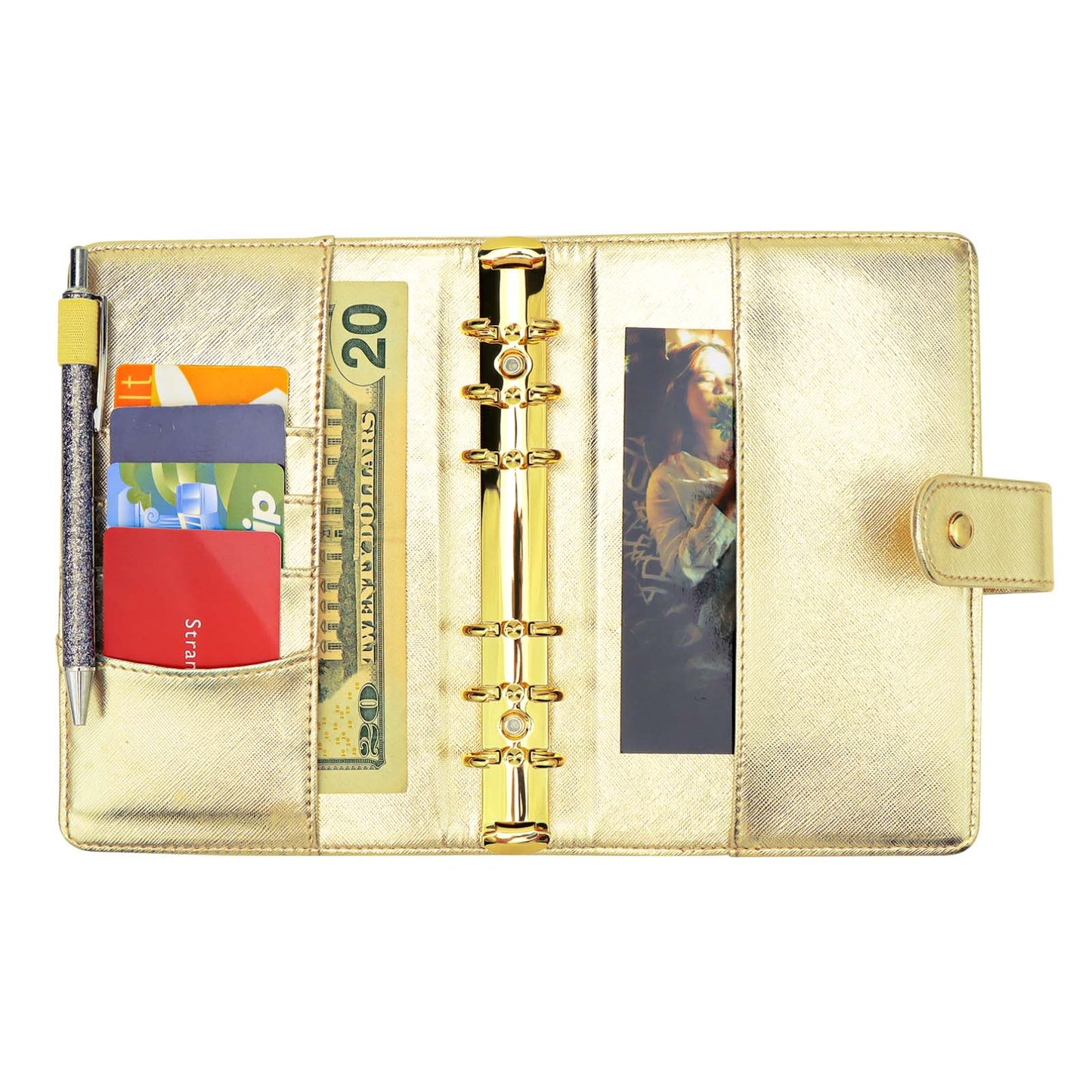 A6 Budget Binder PU Leather 6 Ring Binder Cover Refillable Notebook Shell with Snap Button Closure Card Slots