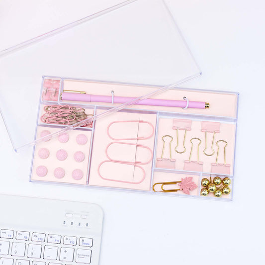 Paper Clips Binder Clips Push Pins Pen Set with Clear Acrylic Holder, Assorted Sizes Office Supplies Cute Stationery Set for Desk Organizer