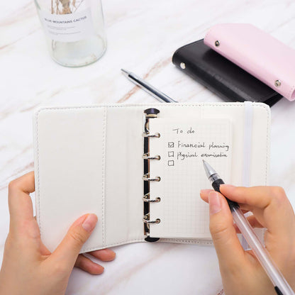 A8 PU Leather Notebook Loose Leaf 5 Ring Binder with 80 Sheets Grid Papers Refills Refillable Notebook with Bandage Design