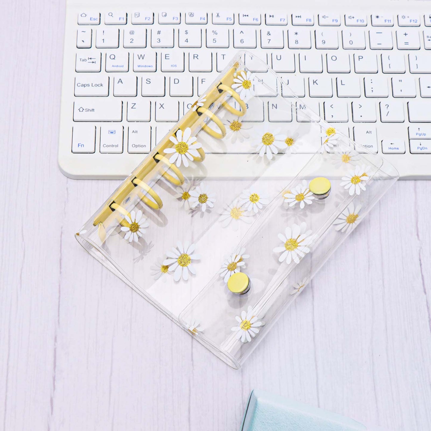 A7 Binder with Double Snap Button Cute Daisy PVC Binder Cover Loose Leaf 6 Ring Refillable Notebook Cover