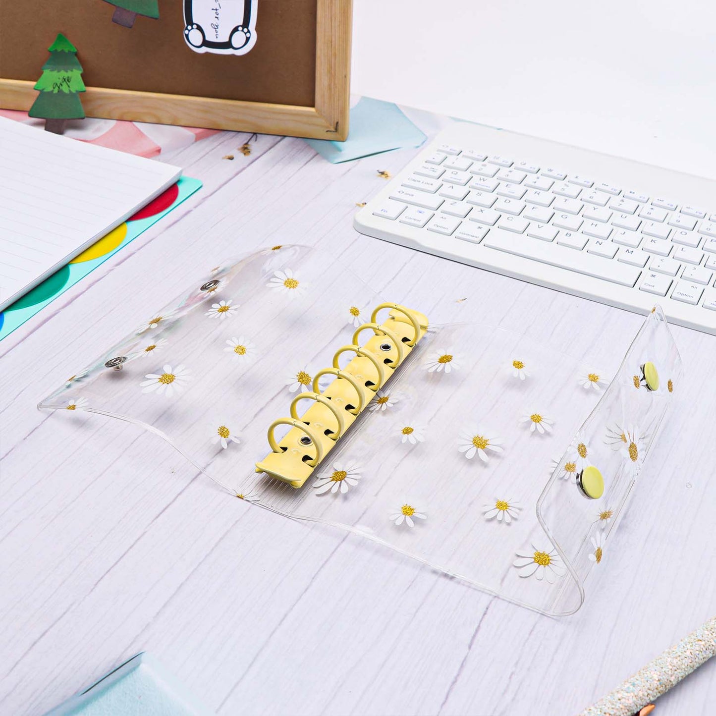 A7 Binder with Double Snap Button Cute Daisy PVC Binder Cover Loose Leaf 6 Ring Refillable Notebook Cover